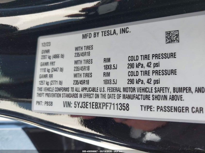 2023 Tesla Model 3 VIN 5YJ3E1EBXPF711358 IAAI salvage auction — FRONT END, Salvage Title, sold $9,600 on 2026-07-09 (photo 9)