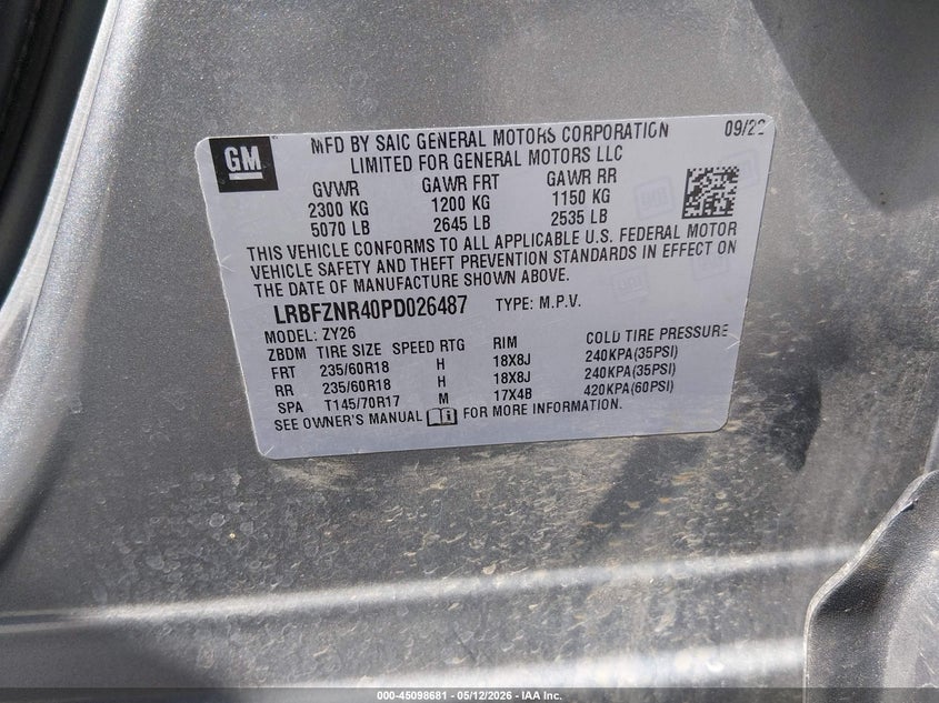 2023 Buick Envision VIN LRBFZNR40PD026487 IAAI salvage auction — HAIL, Salvage (Illinois), sold $8,050 on 2026-07-14 (photo 9)