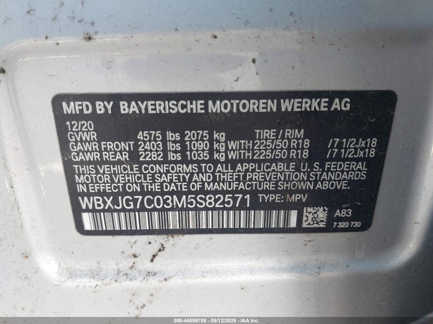 2021 BMW X1 VIN WBXJG7C03M5S82571 IAAI salvage auction — FRONT & REAR, Original (Texas), sold $3,150 on 2026-07-07 (photo 9)