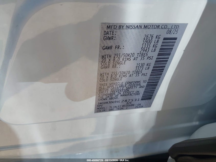 2025 Nissan Pathfinder VIN 5N1DR3DG9SC287531 IAAI salvage auction — FRONT END, Salvage (Louisiana), sold $8,450 on 2026-07-30 (photo 9)