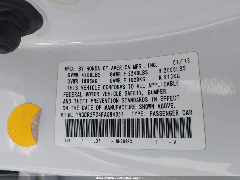 2015 Honda Accord VIN 1HGCR2F34FA094064 IAAI salvage auction — FRONT END, Wait Title, sold $2,050 on 2026-08-26 (photo 9)
