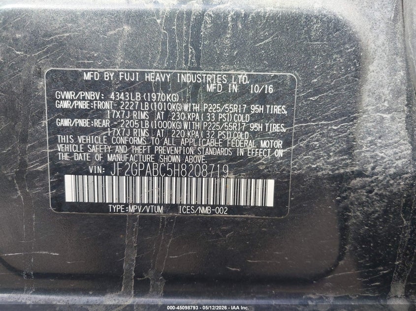 2017 Subaru Xv VIN JF2GPABC5H8208719 IAAI salvage auction — LEFT REAR, Salvage (Vermont), sold $2,350 on 2026-07-30 (photo 9)