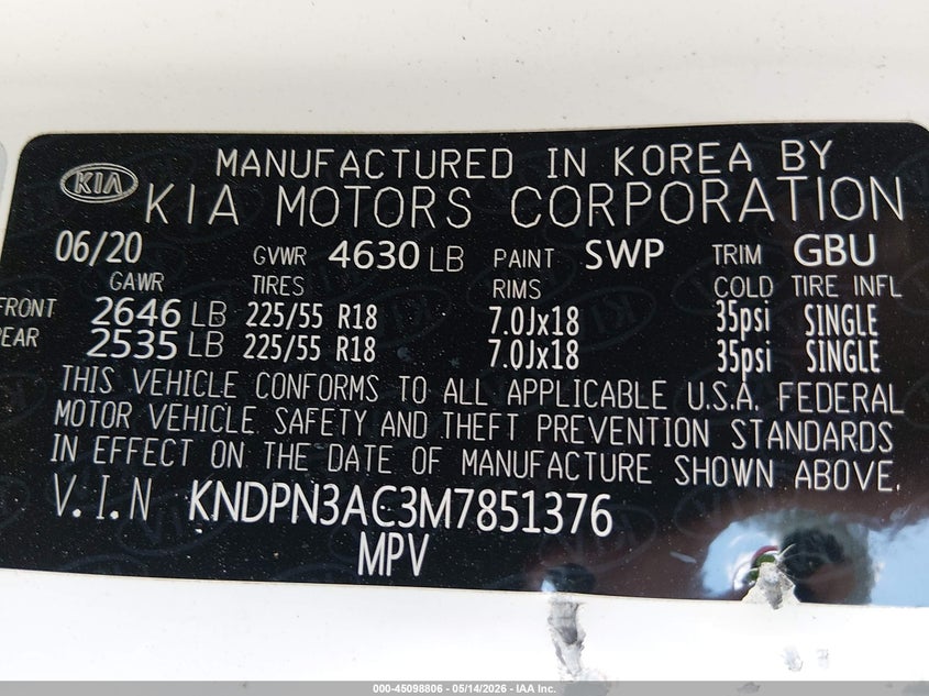 2021 Kia Sportage VIN KNDPN3AC3M7851376 IAAI salvage auction — LEFT & RIGHT, Certificate Of Destruction (Florida), sold $325 on 2026-07-14 (photo 9)