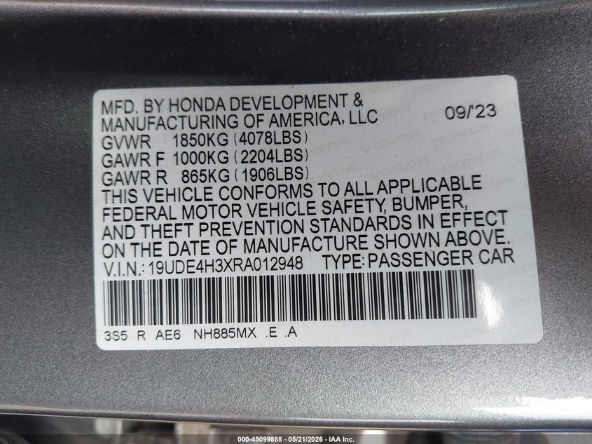 2024 Acura Integra VIN 19UDE4H3XRA012948 IAAI salvage auction — HAIL, Salvage (Ohio), sold $13,200 on 2026-07-14 (photo 9)