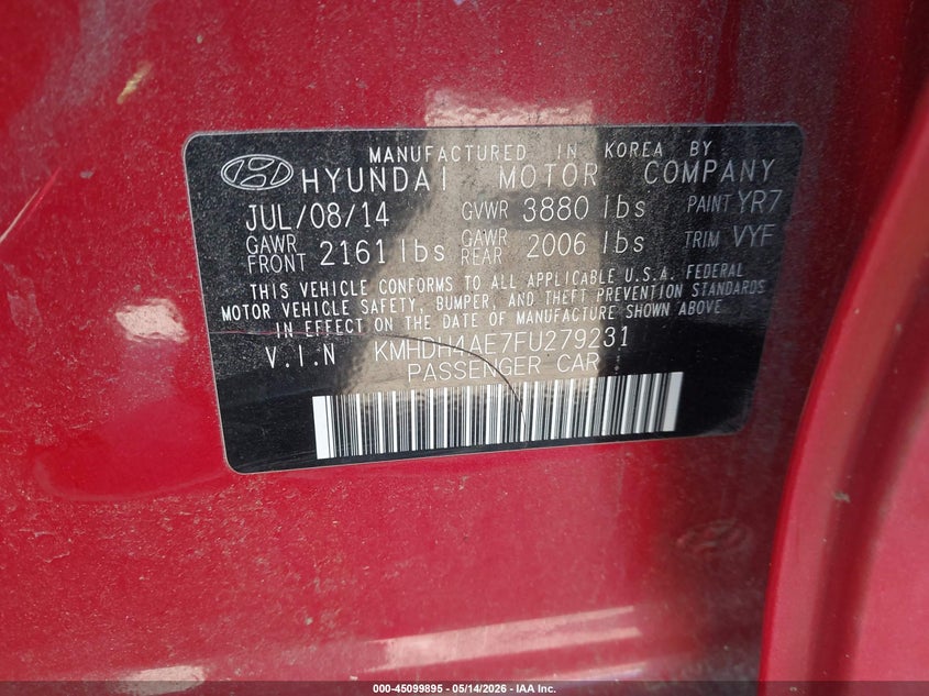 2015 Hyundai Elantra VIN KMHDH4AE7FU279231 IAAI salvage auction — REAR END, Salvage (Alabama), sold $1,100 on 2026-07-15 (photo 9)