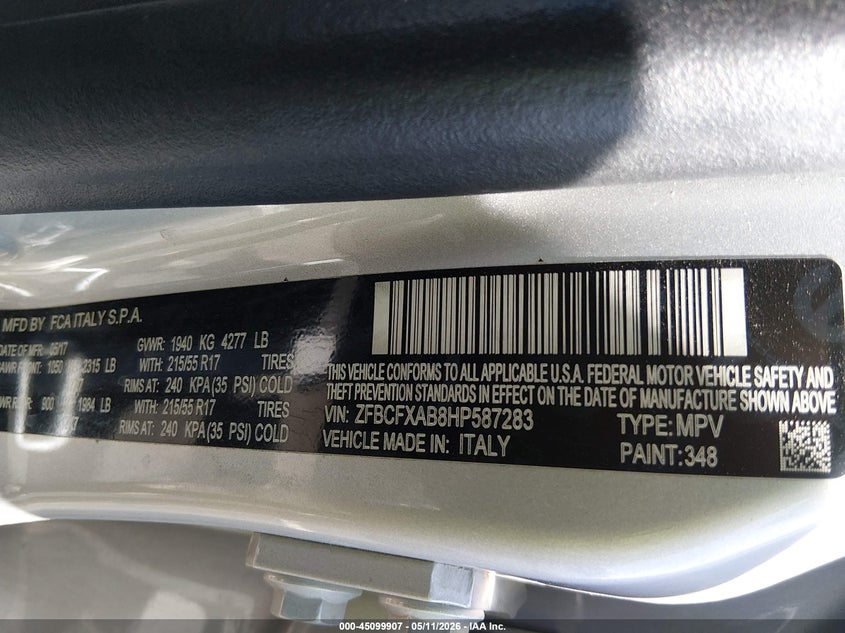 2017 Fiat 500x VIN ZFBCFXAB8HP587283 IAAI salvage auction — FRONT END, Salvage (Nevada), sold $750 on 2026-07-31 (photo 9)