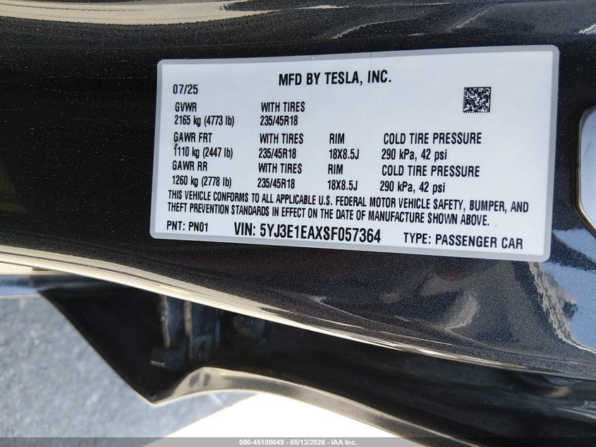 2025 Tesla Model 3 VIN 5YJ3E1EAXSF057364 IAAI salvage auction — REAR END, Salvage (North Carolina), sold $13,500 on 2026-07-15 (photo 9)