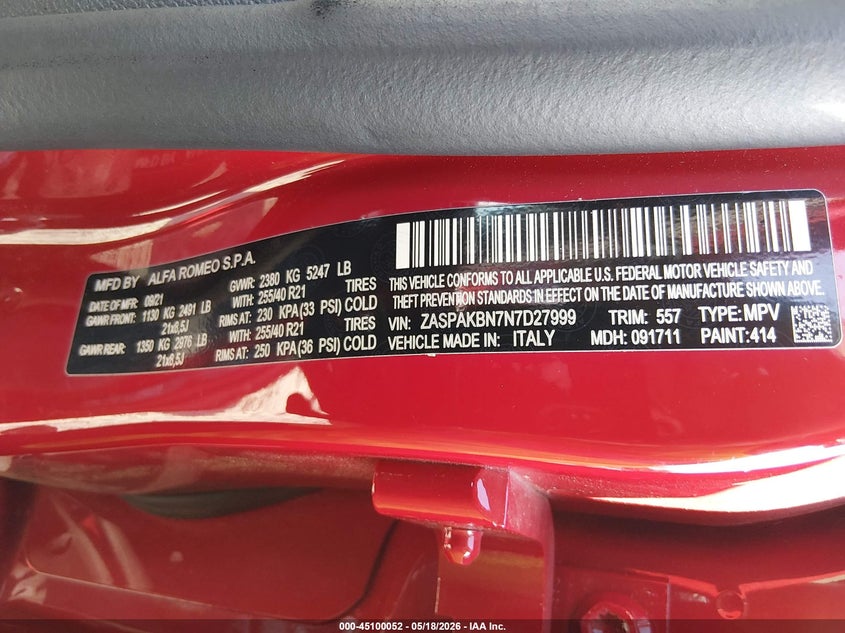 2022 Alfa romeo Stelvio VIN ZASPAKBN7N7D27999 IAAI salvage auction — LEFT FRONT, Salvage (Idaho), sold $8,800 on 2026-07-14 (photo 9)