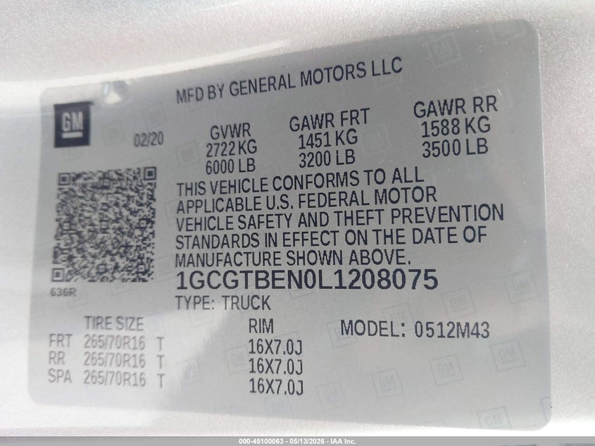2020 Chevrolet Colorado VIN 1GCGTBEN0L1208075 IAAI salvage auction — FRONT END, Salvage (Idaho), sold $5,400 on 2026-07-24 (photo 9)