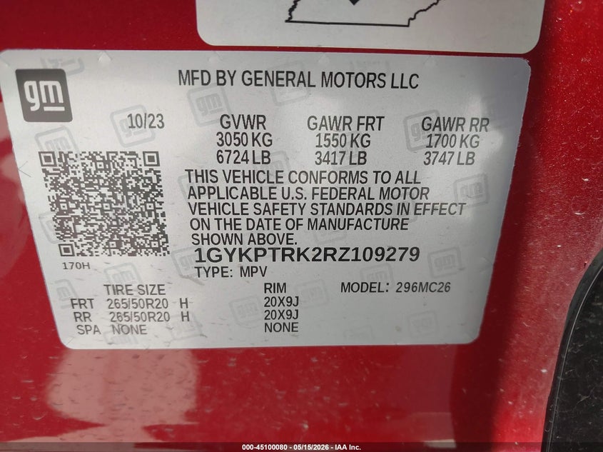 2024 Cadillac Lyriq VIN 1GYKPTRK2RZ109279 IAAI salvage auction — FRONT END, Salvage (Texas), sold $12,500 on 2026-07-28 (photo 9)