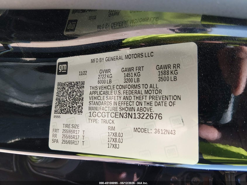 2022 Chevrolet Colorado VIN 1GCGTCEN3N1322676 IAAI salvage auction — RIGHT FRONT, Salvage (Tennessee), sold $7,600 on 2026-07-29 (photo 9)
