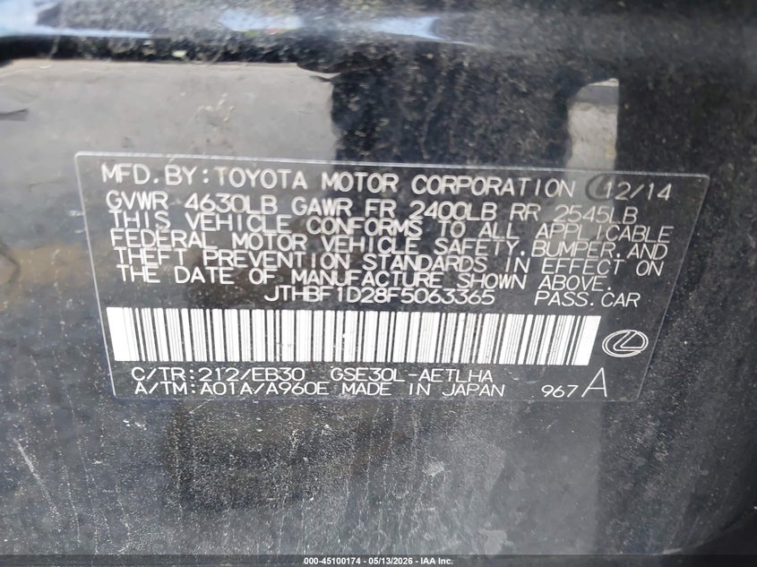 2015 Lexus Is VIN JTHBF1D28F5063365 IAAI salvage auction — FRONT & REAR, Salvage (Georgia), sold $1,450 on 2026-07-15 (photo 9)