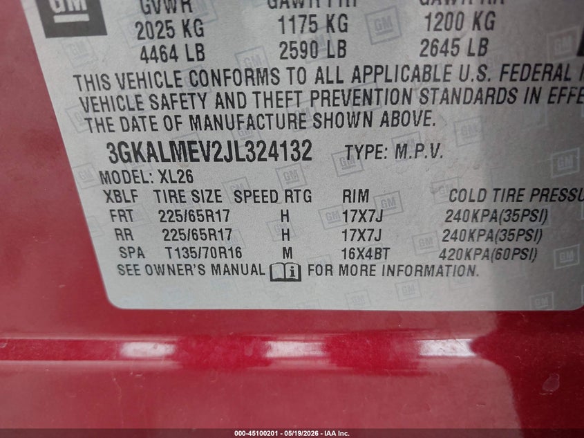 2018 Gmc Terrain VIN 3GKALMEV2JL324132 IAAI salvage auction — HAIL, Salvage (Arkansas), sold $4,000 on 2026-07-24 (photo 9)
