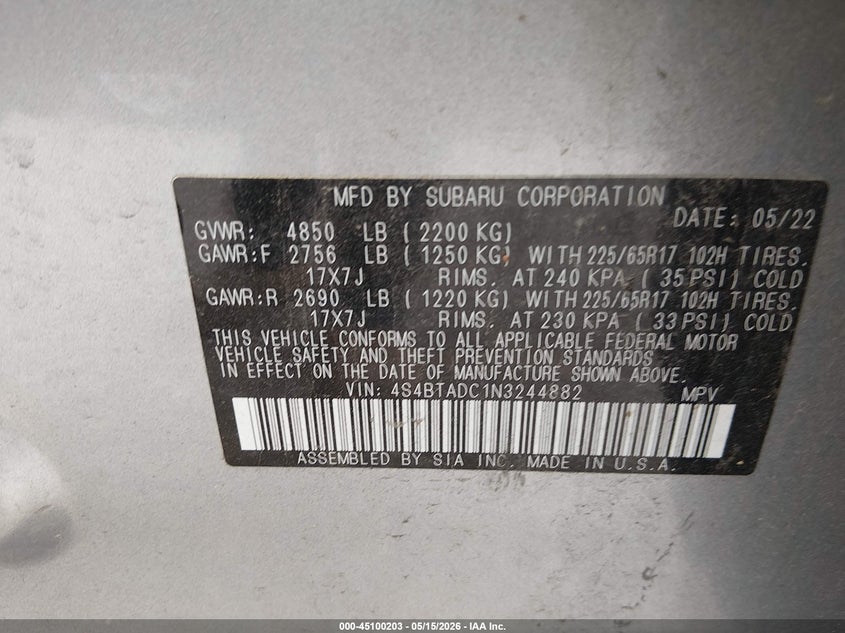 2022 Subaru Outback VIN 4S4BTADC1N3244882 IAAI salvage auction — HAIL, Clear (Missouri), sold $11,000 on 2026-08-22 (photo 9)