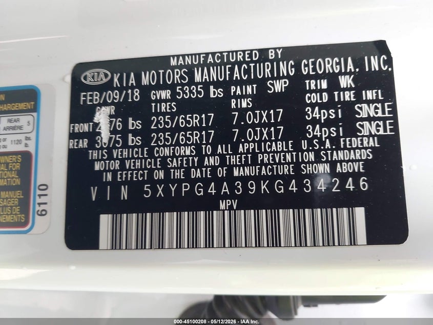 2019 Kia Sorento VIN 5XYPG4A39KG434246 IAAI salvage auction — FRONT & REAR, Salvage (California), sold $1,000 on 2026-07-06 (photo 9)
