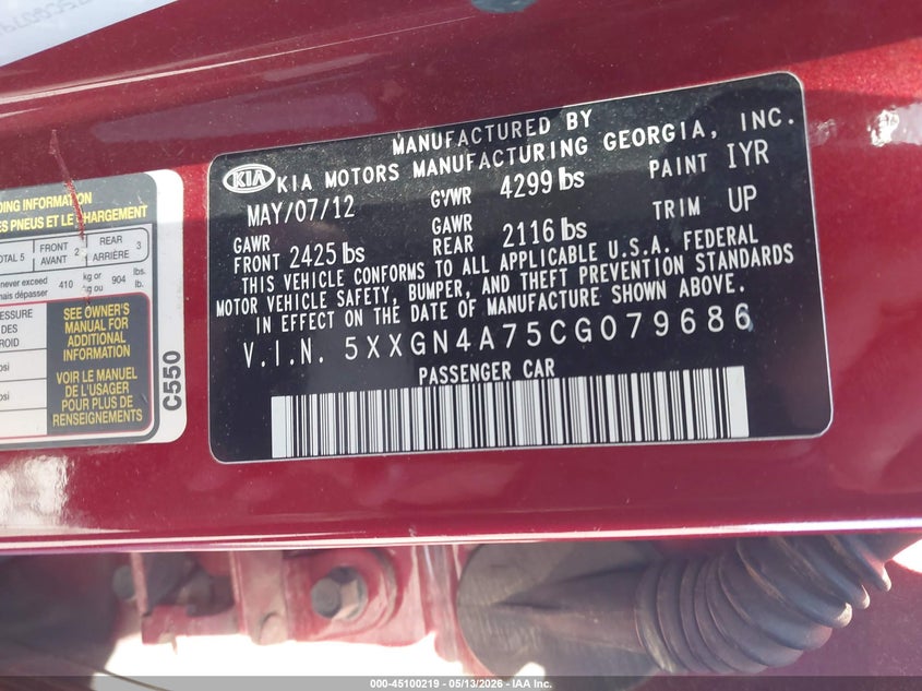 2012 Kia Optima VIN 5XXGN4A75CG079686 IAAI salvage auction — FRONT END, Salvage (California), sold $975 on 2026-07-08 (photo 9)