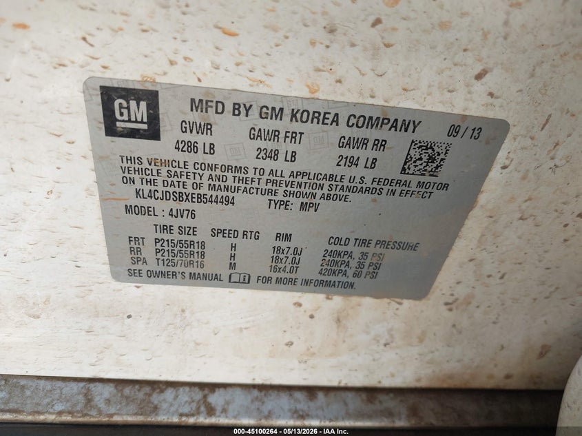 2014 Buick Encore VIN KL4CJDSBXEB544494 IAAI salvage auction — HAIL, Clear (Oklahoma), sold $1,800 on 2026-07-15 (photo 9)