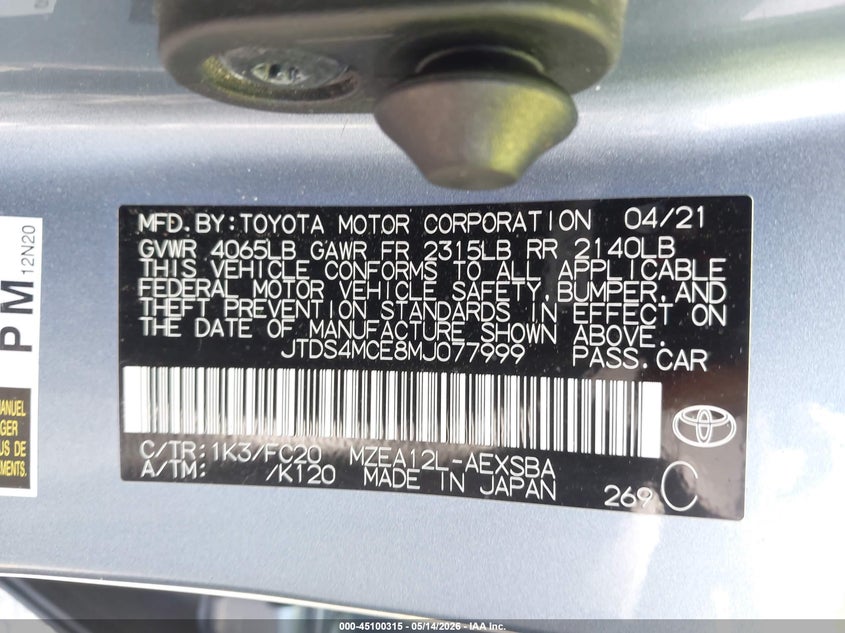 2021 Toyota Corolla VIN JTDS4MCE8MJ077999 IAAI salvage auction — FRONT END, Rebuildable (Florida), sold $5,300 on 2026-07-13 (photo 9)