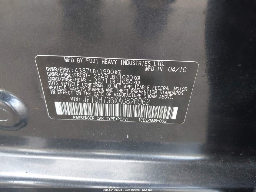 2010 Subaru Impreza VIN JF1GH7G6XAG826962 IAAI salvage auction — LEFT SIDE, Bill Of Sale (Washington), sold $975 on 2026-07-24 (photo 9)