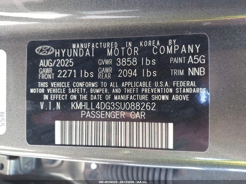 2025 Hyundai Elantra VIN KMHLL4DG3SU088262 IAAI salvage auction — FRONT END, Salvage (North Carolina), sold $5,400 on 2026-07-30 (photo 9)