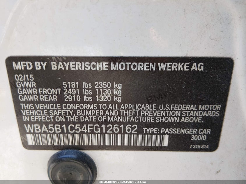 2015 BMW 5er VIN WBA5B1C54FG126162 IAAI salvage auction — LEFT SIDE, Salvage Title, sold $1,975 on 2026-08-11 (photo 9)