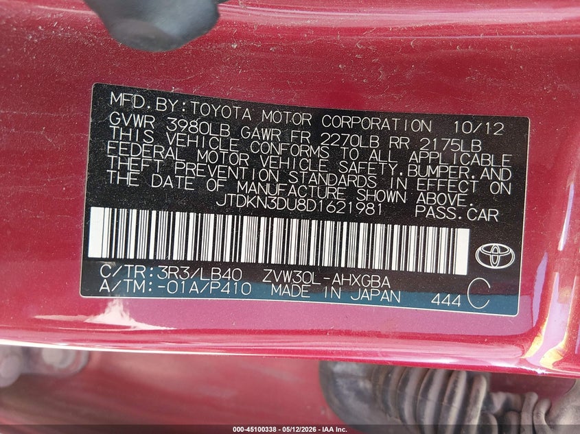 2013 Toyota Prius VIN JTDKN3DU8D1621981 IAAI salvage auction — FRONT END, Salvage (South Carolina), sold $1,100 on 2026-07-09 (photo 9)