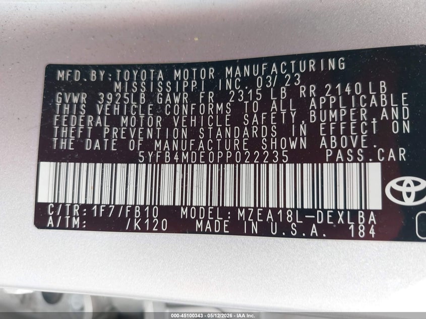 2023 Toyota Corolla VIN 5YFB4MDE0PP022235 IAAI salvage auction — RIGHT SIDE, Certificate Of Destruction (Florida), sold $2,900 on 2026-07-16 (photo 9)
