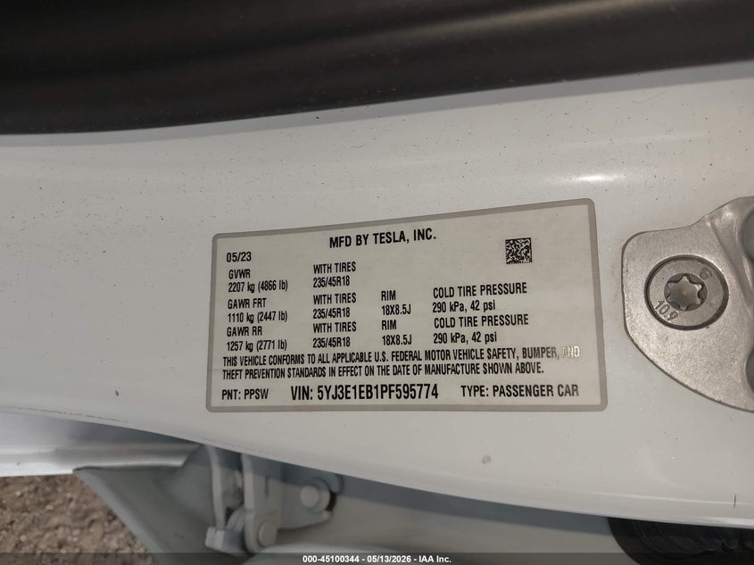 2023 Tesla Model 3 VIN 5YJ3E1EB1PF595774 IAAI salvage auction — HAIL, Salvage (Illinois), sold $7,750 on 2026-07-16 (photo 9)