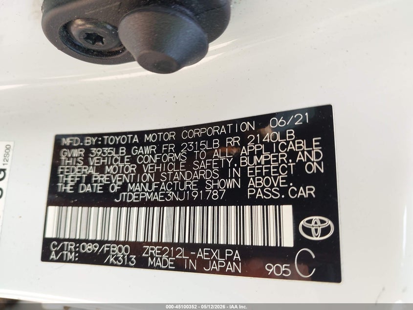 2022 Toyota Corolla VIN JTDEPMAE3NJ191787 IAAI salvage auction — ROLLOVER, Salvage (North Carolina), sold $2,250 on 2026-07-06 (photo 9)
