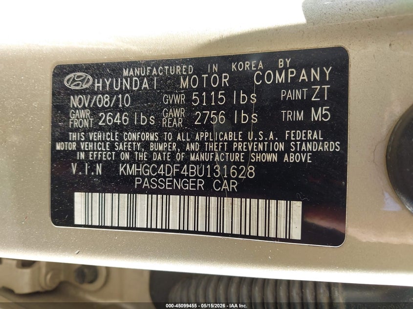 2011 Hyundai Genesis VIN KMHGC4DF4BU131628 IAAI salvage auction — NORMAL WEAR, Clear (Florida), sold $325 on 2026-07-14 (photo 9)
