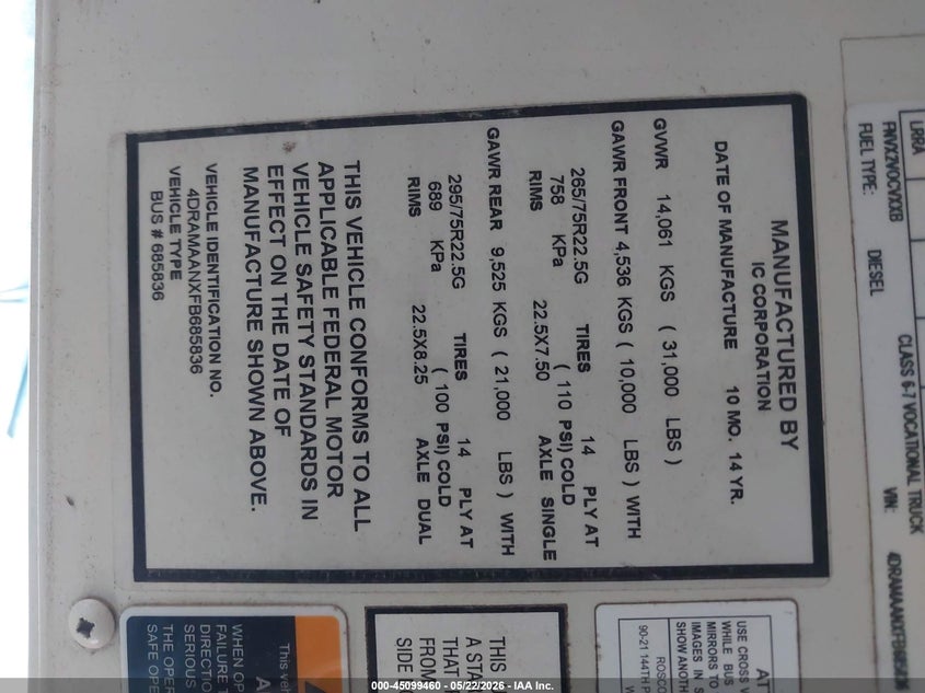 2015 Ic corporation 3000 ce VIN 4DRAMAANXFB685836 IAAI salvage auction — NORMAL WEAR, Sf97 (Missouri), sold $1,000 on 2026-07-09 (photo 9)