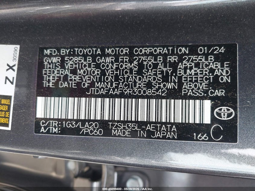 2024 Toyota Crown VIN JTDAFAAF9R3008542 IAAI salvage auction — LEFT FRONT, Rebuildable (Florida), sold $7,000 on 2026-07-30 (photo 9)