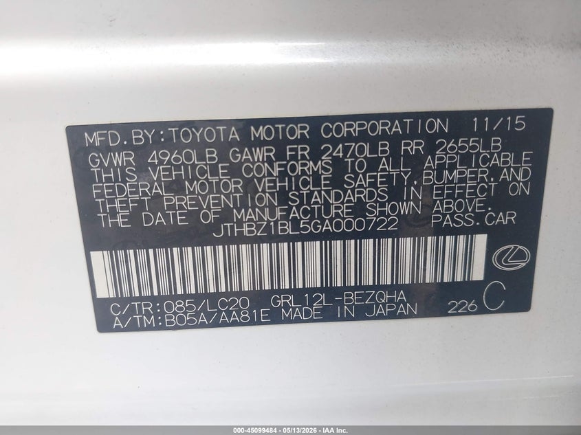 2016 Lexus Gs VIN JTHBZ1BL5GA000722 IAAI salvage auction — REAR END, Salvage (Georgia), sold $5,100 on 2026-07-29 (photo 9)