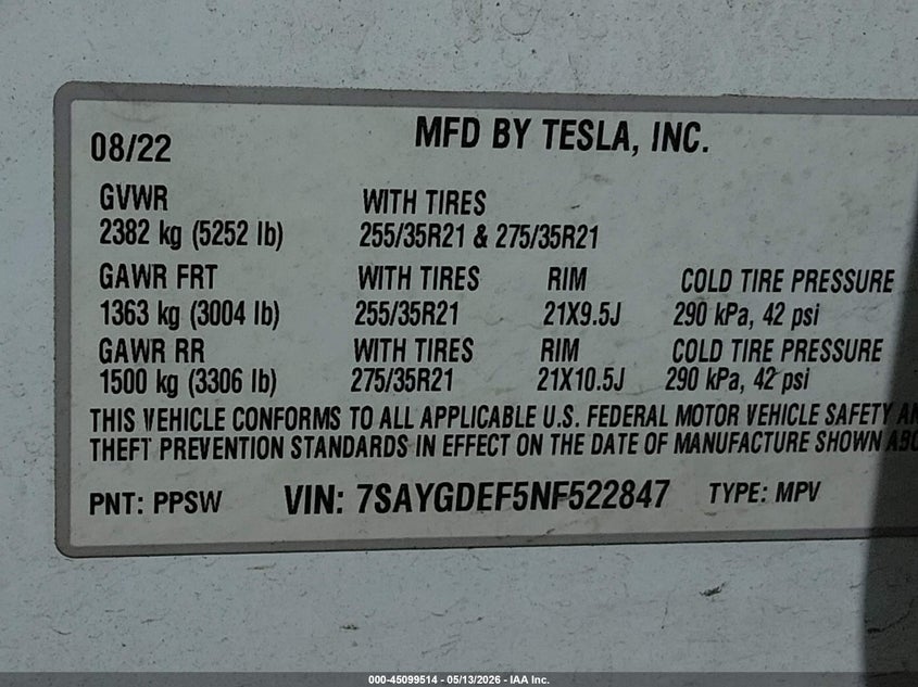 2022 Tesla Model y VIN 7SAYGDEF5NF522847 IAAI salvage auction — RIGHT FRONT, Salvage (Kentucky), sold $6,000 on 2026-07-24 (photo 9)