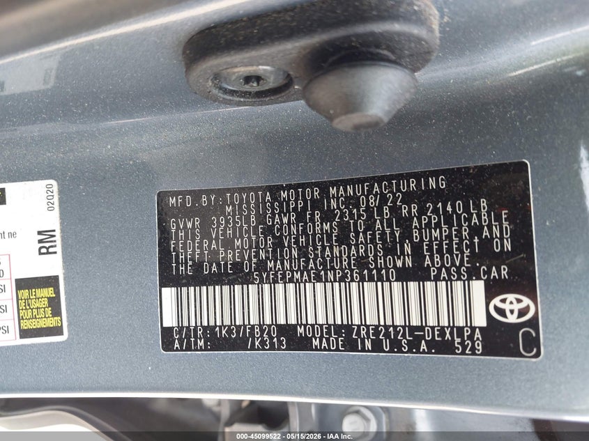 2022 Toyota Corolla VIN 5YFEPMAE1NP361110 IAAI salvage auction — UNDERCARRIAGE, Original (Texas), sold $7,950 on 2026-07-29 (photo 9)