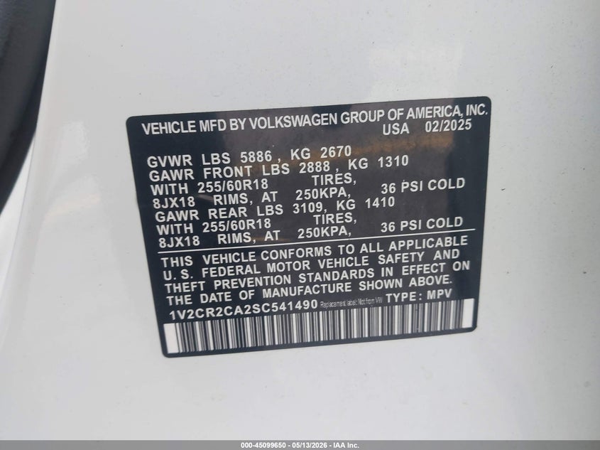 2025 Volkswagen Atlas VIN 1V2CR2CA2SC541490 IAAI salvage auction — REAR END, Rebuildable (Florida), sold $12,750 on 2026-07-29 (photo 9)