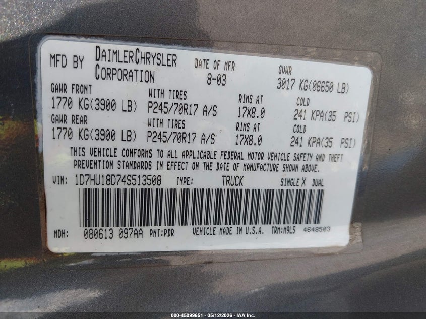 2004 Dodge Ram VIN 1D7HU18D74S513508 IAAI salvage auction — RIGHT SIDE, Salvage (Louisiana), sold $1,050 on 2026-08-01 (photo 9)