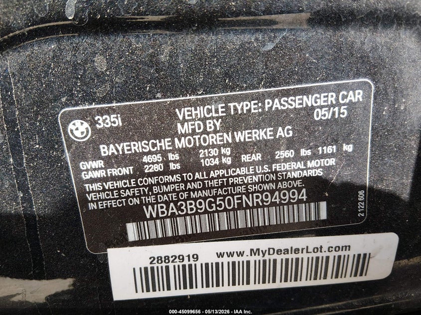 2015 BMW 3er VIN WBA3B9G50FNR94994 IAAI salvage auction — SUSPENSION, Salvage (Colorado), sold $6,600 on 2026-07-28 (photo 9)