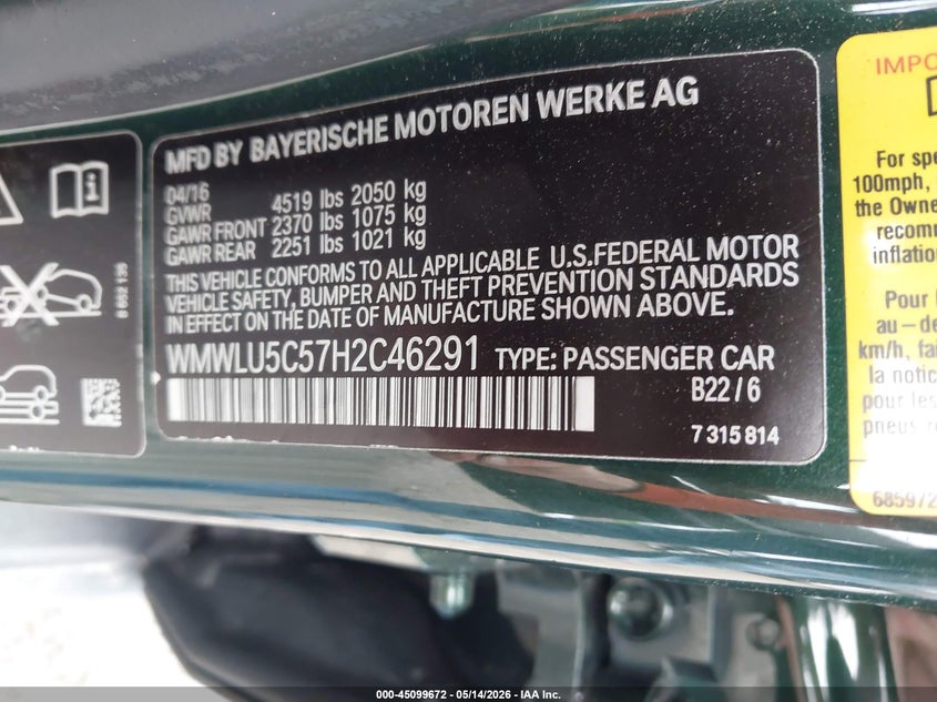 2017 Mini Clubman VIN WMWLU5C57H2C46291 IAAI salvage auction — FRONT END, Wait Title, sold $900 on 2026-08-13 (photo 9)