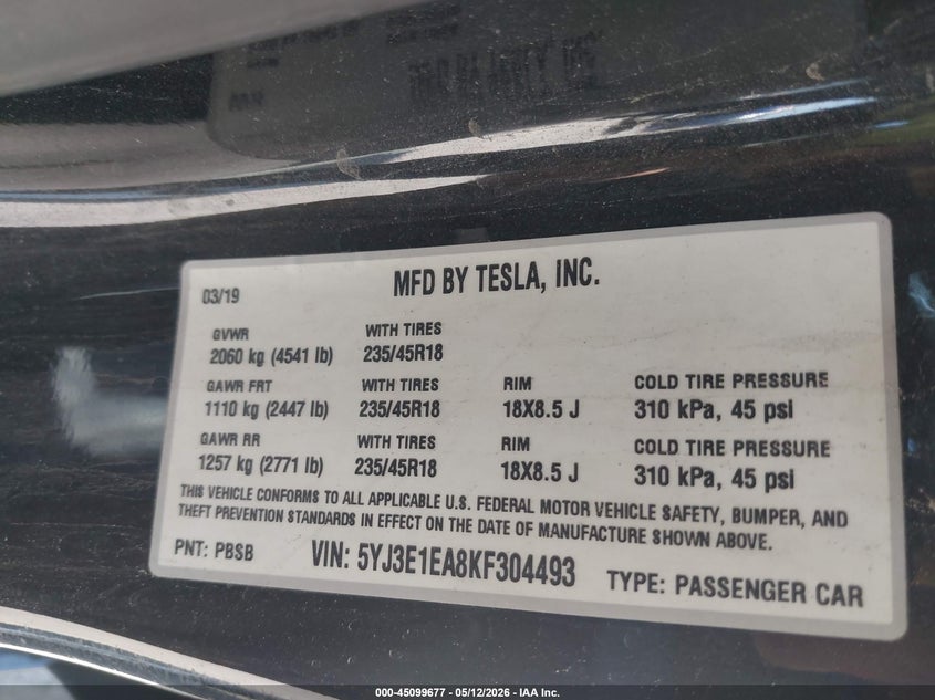 2019 Tesla Model 3 VIN 5YJ3E1EA8KF304493 IAAI salvage auction — EXTERIOR BURN, Salvage Title, sold $3,475 on 2026-07-23 (photo 9)
