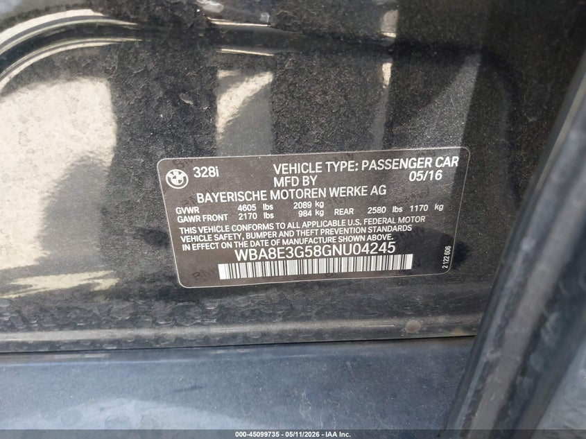 2016 BMW VIN WBA8E3G58GNU04245 IAAI salvage auction — REPOSSESSION, Clear - Dealer Only (California), sold $800 on 2026-07-29 (photo 9)
