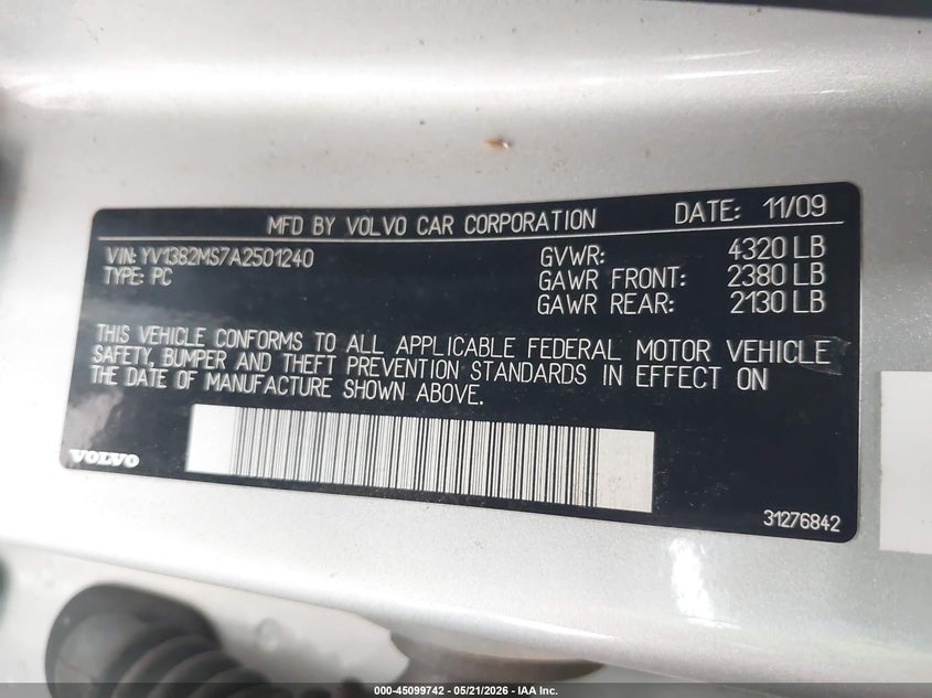 2010 Volvo S40 VIN YV1382MS7A2501240 IAAI salvage auction — NORMAL WEAR, Original (Texas), sold $200 on 2026-09-08 (photo 9)
