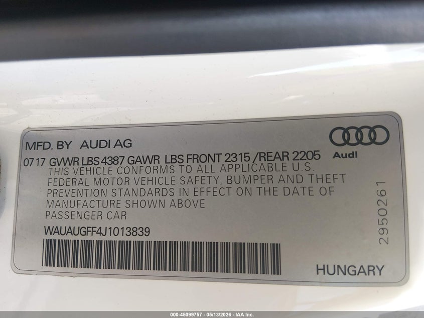 2018 Audi A3 VIN WAUAUGFF4J1013839 IAAI salvage auction — REAR END, Original (Texas), sold $3,350 on 2026-07-14 (photo 9)