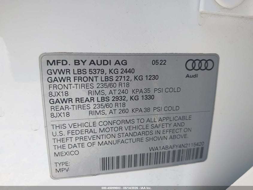 2022 Audi Q5 VIN WA1ABAFY4N2115420 IAAI salvage auction — REAR END, Salvage (California), sold $12,650 on 2026-07-09 (photo 9)