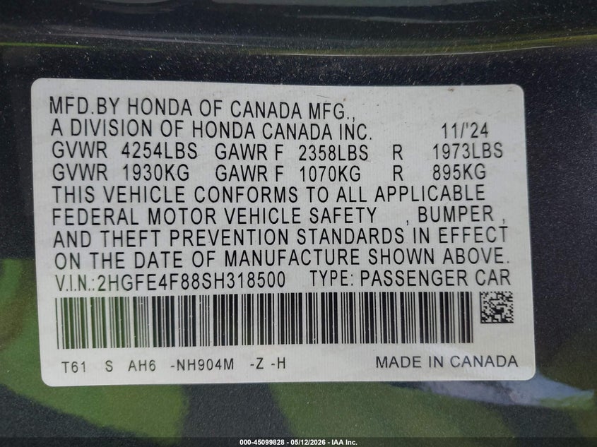 2025 Honda Civic VIN 2HGFE4F88SH318500 IAAI salvage auction — FRONT END, Salvage - Greater Than 75% (Maryland), sold $9,875 on 2026-07-30 (photo 9)