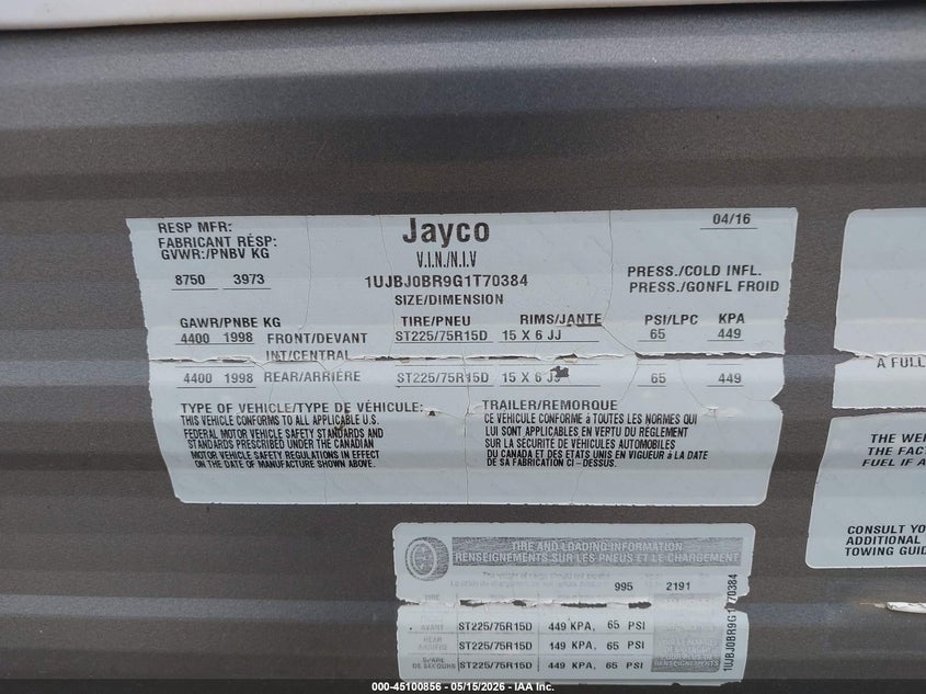 2016 Jayco Other VIN 1UJBJ0BR9G1T70384 IAAI salvage auction — Burn Interior, Clear (Oklahoma), sold $125 on 2026-09-15 (photo 9)