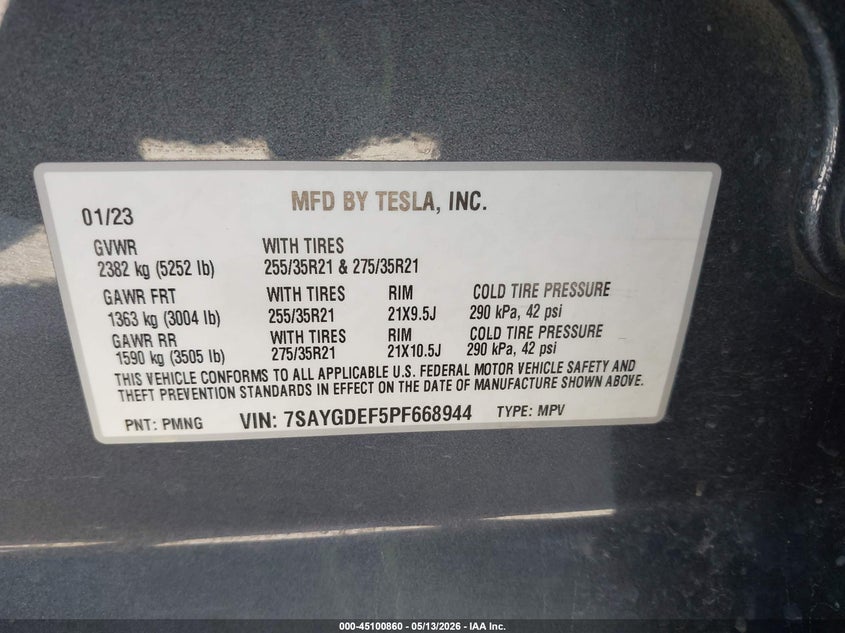2023 Tesla Model y VIN 7SAYGDEF5PF668944 IAAI salvage auction — REAR END, Original (Texas), sold $8,650 on 2026-07-20 (photo 9)