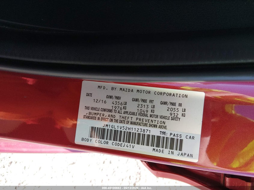 2017 Mazda 6 VIN JM1GL1V52H1123871 IAAI salvage auction — HAIL, Clear (Missouri), sold $525 on 2026-07-27 (photo 9)