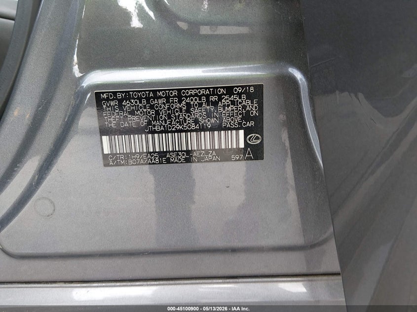 2019 Lexus Is VIN JTHBA1D29K5084119 IAAI salvage auction — REAR END, Rebuildable (Florida), sold $4,550 on 2026-07-22 (photo 9)