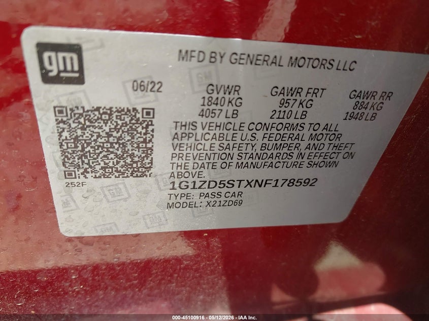 2022 Chevrolet Malibu VIN 1G1ZD5STXNF178592 IAAI salvage auction — RIGHT FRONT, Original (Texas), sold $3,650 on 2026-07-10 (photo 9)